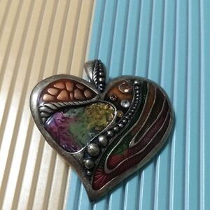 Large Vtg Mixed Media Heart Pendant